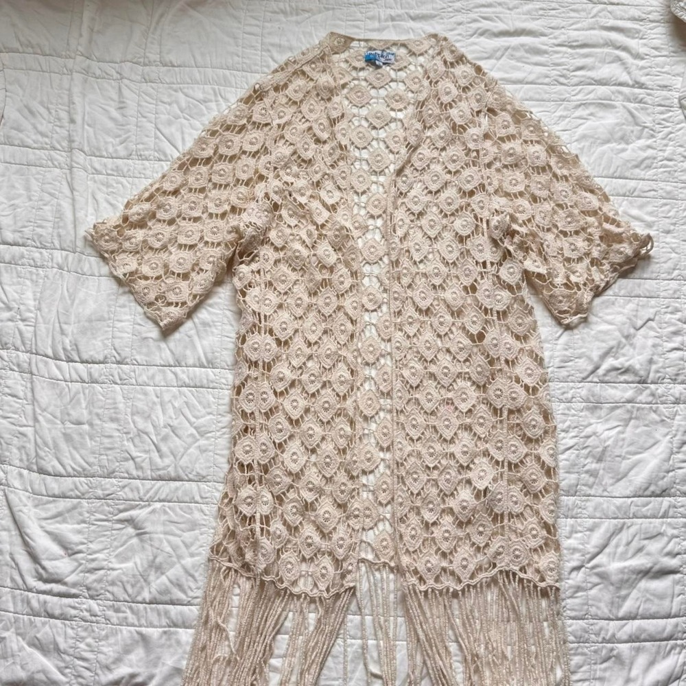 rebellion again crochet festival hippie boho duster cardigan size L cream cotton